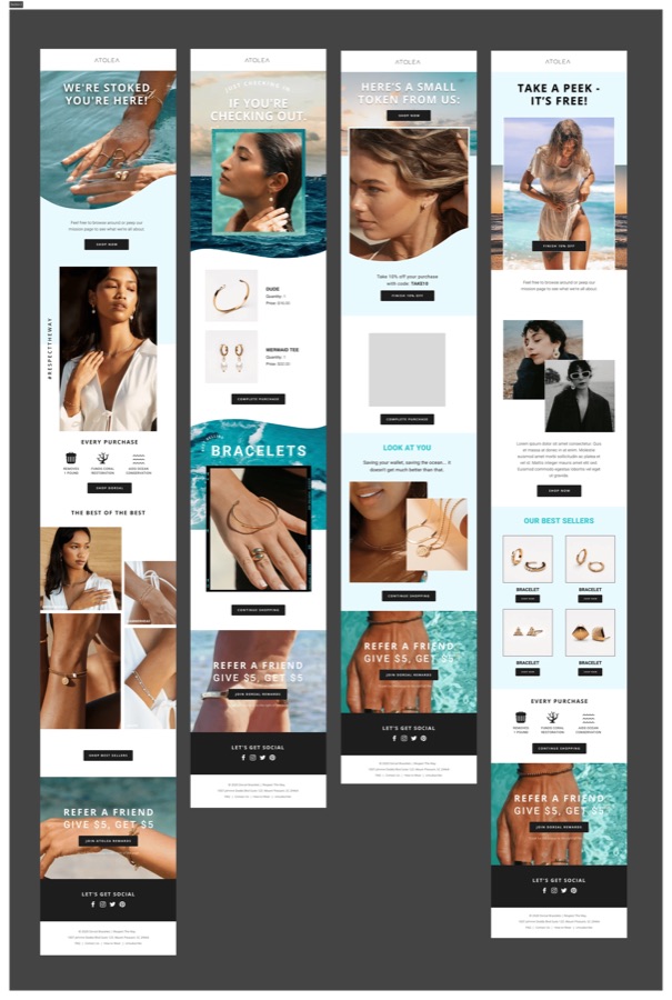 Atolea jewelry email campaign — welcome and abandoned cart series
