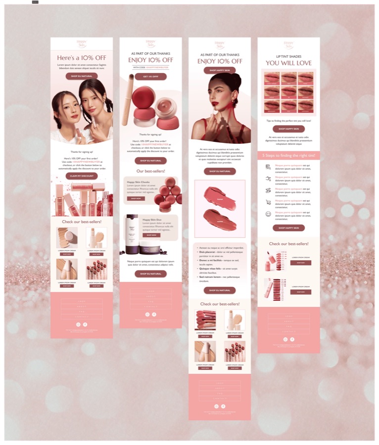 Happy Skin makeup email campaign — discount offer and best-sellers
